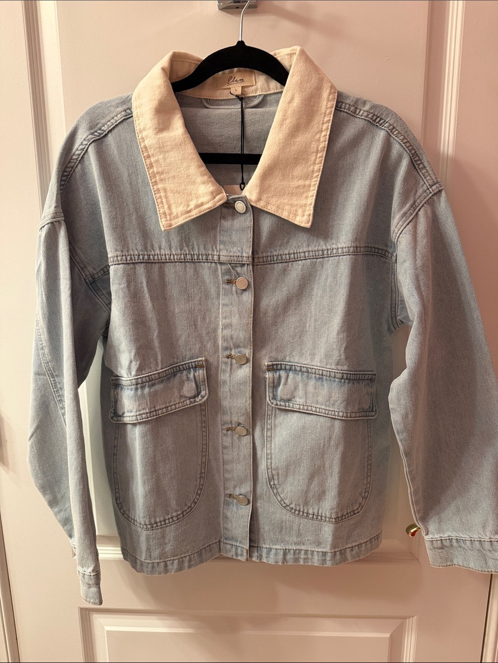 Elan Light Blue Denim Jacket with Cream Collar